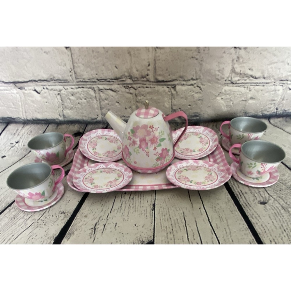 Schylling 15 Piece Tin Tea Set Fancy Tea Teapot Teacups/Saucers Pink Flower 2017